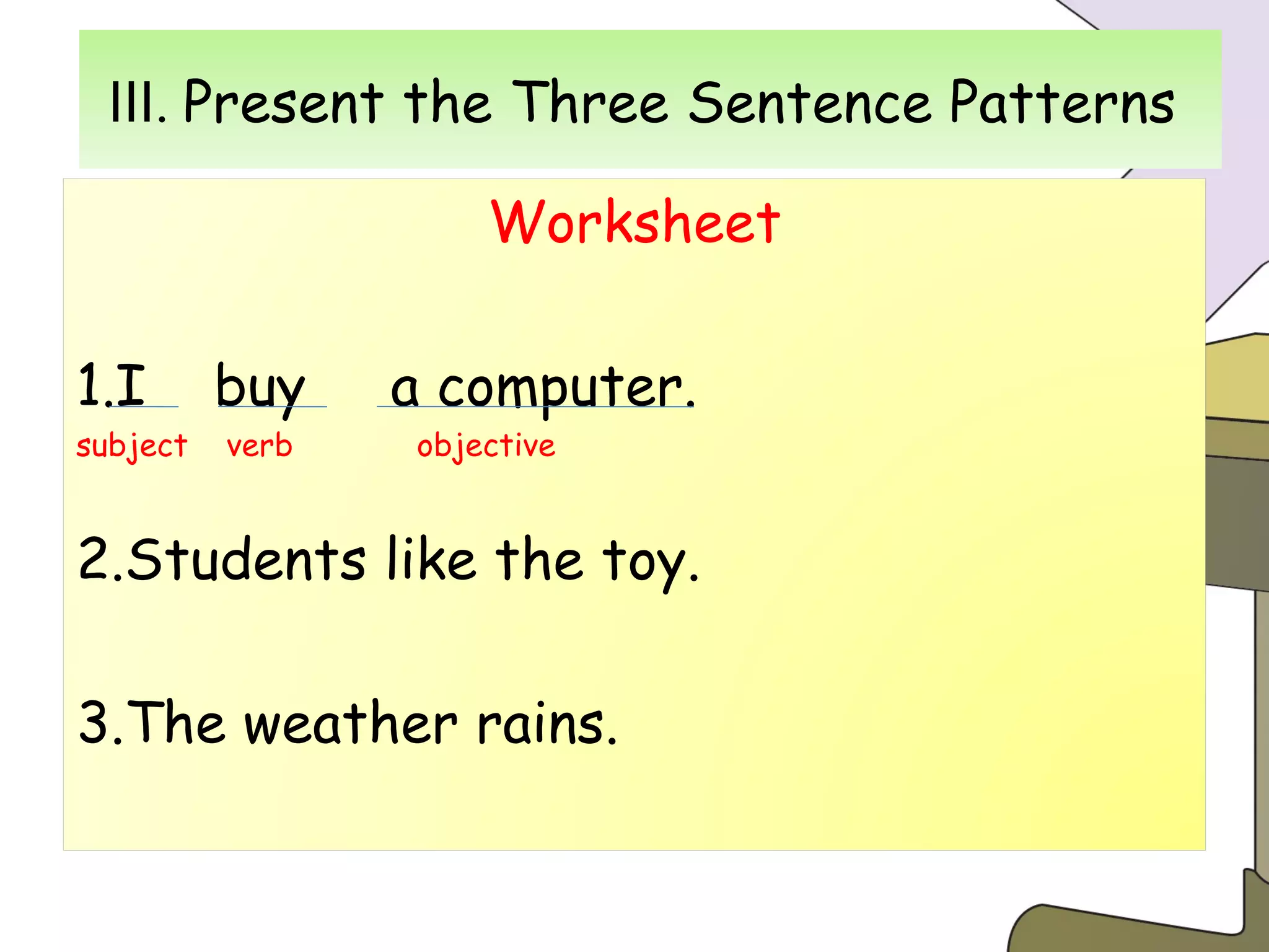 Ⅲ . Present the Three Sentence Patterns  Ⅲ .  Present the Three Sentence Patterns  Worksheet 1.I  buy  a computer. subject  verb  objective 2.Students like the toy. 3.The weather rains. 