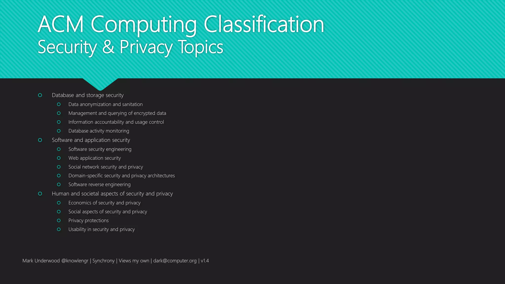ACM Computing Classification
Security & Privacy Topics
 Database and storage security
 Data anonymization and sanitation
 Management and querying of encrypted data
 Information accountability and usage control
 Database activity monitoring
 Software and application security
 Software security engineering
 Web application security
 Social network security and privacy
 Domain-specific security and privacy architectures
 Software reverse engineering
 Human and societal aspects of security and privacy
 Economics of security and privacy
 Social aspects of security and privacy
 Privacy protections
 Usability in security and privacy
Mark Underwood @knowlengr | Synchrony | Views my own | dark@computer.org | v1.4
 