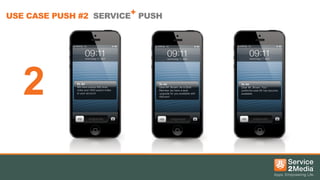 USE CASE PUSH #2 SERVICE+ PUSH

2

KL Air
We have added 800 level
miles and 1600 award milles
to your account!

KL Air
Dear Mr. Brown. As a Gold
Member we have a seat
upgrade for you available with
discount !

KL Air
Dear Mr. Brown. Your
preferred seat 9A has become
available!

 