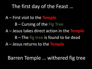The first day of the Feast …
A – First visit to the Temple
B – Cursing of the Fig Tree
A – Jesus takes direct action in the Temple
B – The fig tree is found to be dead
A – Jesus returns to the Temple
Barren Temple … withered fig tree
 