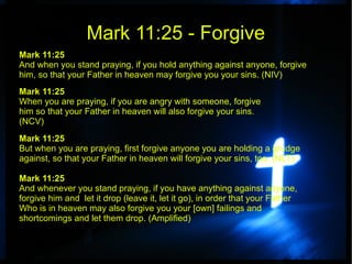 Mark 11:25 - Forgive
Mark 11:25
And when you stand praying, if you hold anything against anyone, forgive
him, so that your Father in heaven may forgive you your sins. (NIV)
Mark 11:25
When you are praying, if you are angry with someone, forgive
him so that your Father in heaven will also forgive your sins.
(NCV)
Mark 11:25
But when you are praying, first forgive anyone you are holding a grudge
against, so that your Father in heaven will forgive your sins, too. (NLT)

Mark 11:25
And whenever you stand praying, if you have anything against anyone,
forgive him and let it drop (leave it, let it go), in order that your Father
Who is in heaven may also forgive you your [own] failings and
shortcomings and let them drop. (Amplified)
 