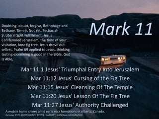 Mark 11
Mar 11:1 Jesus' Triumphal Entry Into Jerusalem
Mar 11:12 Jesus' Cursing of the Fig Tree
Mar 11:15 Jesus' Cleansing Of The Temple
Mar 11:20 Jesus' Lesson Of The Fig Tree
Mar 11:27 Jesus' Authority Challenged
A mobile home shines amid eerie rock formations in Alberta, Canada,
October 1970.PHOTOGRAPH BY W.E. GARRETT, NATIONAL GEOGRAPHIC
Doubting, doubt, forgive, Bethphage and
Bethany, Time Is Not Yet, Zechariah
9, Literal Split Fulfillment, Jesus
Condemned Jerusalem, the time of your
visitation, lone fig tree, Jesus drove out
sellers, Psalm 69 applied to Jesus, thinking
testing examining is good in the Bible, God
Is Able,
 