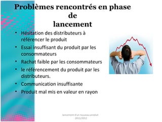 Problèmes rencontrés en phase 
de 
lancement 
• Hésitation des distributeurs à 
référencer le produit 
• Essai insuffisant du produit par les 
consommateurs 
• Rachat faible par les consommateurs 
• le référencement du produit par les 
distributeurs. 
• Communication insuffisante 
• Produit mal mis en valeur en rayon 
lancement d'un nouveau produit 
2011/2012 
 