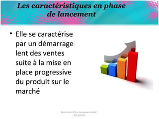 Les caractéristiques en phase 
de lancement 
• Elle se caractérise 
par un démarrage 
lent des ventes 
suite à la mise en 
place progressive 
du produit sur le 
marché 
lancement d'un nouveau produit 
2011/2012 
 