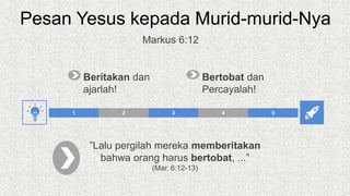 Pesan Yesus kepada Murid-murid-Nya
2 3 4 5
1
Beritakan dan
ajarlah!
Bertobat dan
Percayalah!
Markus 6:12
”Lalu pergilah mereka memberitakan
bahwa orang harus bertobat, ...”
(Mar. 6:12-13)
 
