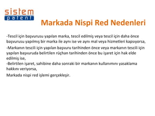 Markada Nispi Red Nedenleri Tescil için başvurusu yapılan marka, tescil edilmiş veya tescil için daha önce başvurusu yapılmış bir marka ile aynı ise ve aynı mal veya hizmetleri kapsıyorsa, -Markanın tescili için yapılan başvuru tarihinden önce veya markanın tescili için yapılan başvuruda belirtilen rüçhan tarihinden önce bu işaret için hak elde edilmiş ise,  -Belirtilen işaret, sahibine daha sonraki bir markanın kullanımını yasaklama hakkını veriyorsa, Markada nispi red işlemi gerçekleşir. 