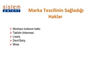 Marka Tescilinin Sağladığı Haklar  Münhasır kullanım hakkı  Taklidin önlenmesi  Lisans Devir/Satış Miras 