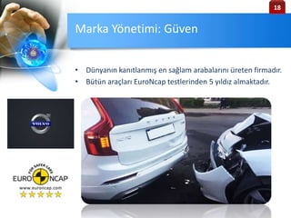 Marka Yönetimi: Güven
• Dünyanın kanıtlanmış en sağlam arabalarını üreten firmadır.
• Bütün araçları EuroNcap testlerinden 5 yıldız almaktadır.
18
 