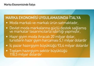 Marka Ekonomisinde İtalya



 MARKA EKONOMİSİ UYGULAMASINDA İTALYA
 •	 Moda markalı ve markalı ürün satmaktadır,
 •	 Devlet moda markalarına güçlü destek sağlamış
    ve markalar tasarımcılarla işbirliği yapmıştır,
 •	 Hazır giyim moda ihracatı 20 milyar dolar,
    turistlerin hazır giyim harcaması 5,1 milyar dolardır
 •	 İç pazar hazırgiyim büyüklüğü 93,4 milyar dolardır
 •	 Toplam hazırgiyim sektör büyüklüğü
    118,5 milyar dolardır
 