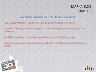 MARKA ELÇİSİ KİMDİR? Marka Elçisi bulunduğu her yerde Markanın ta Kendisidir. Elçisi olduğu Markanın- bunu CardFinans Go’yu örnek alarak söylüyorum- Çevredeki herhangi birisinin Go ile ilgili bir sorunu olduğunda çözüm için uğraşan ilk muhattap, Girdiği her yerde ben burada Go yu nasıl duyururum diye düşünen beyin, Rakip firmaların çalışmalarını görünce bunu biz de yapmalıyız diye Go için hırs edinen kişidir. 