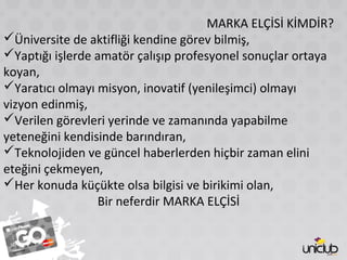 MARKA ELÇİSİ KİMDİR?
Üniversite de aktifliği kendine görev bilmiş,
Yaptığı işlerde amatör çalışıp profesyonel sonuçlar ortaya
koyan,
Yaratıcı olmayı misyon, inovatif (yenileşimci) olmayı
vizyon edinmiş,
Verilen görevleri yerinde ve zamanında yapabilme
yeteneğini kendisinde barındıran,
Teknolojiden ve güncel haberlerden hiçbir zaman elini
eteğini çekmeyen,
Her konuda küçükte olsa bilgisi ve birikimi olan,
Bir neferdir MARKA ELÇİSİ
 