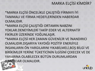 MARKA ELÇİSİ KİMDİR? *MARKA ELÇİSİ ÖNCELİKLE ÇALIŞTIĞI FİRMAYI İYİ TANIMALI VE FİRMA HEDEFLERİNDEN HABERDAR OLMALIDIR. *MARKA ELÇİSİ ÇALIŞTIĞI ORTAMIN NABZINI YOKLAR.DENEYİMLERİ TAKİP EDER VE ALTERNATİF FİKİRLER ÜZERİNDE YOĞUNLAŞIR. *MARKA ELÇİSİ HER ZAMAN GÜVENİLİR VE İNANDIRICI OLMALIDIR.DIŞARIYA YAYDIĞI POZİTİF ENERJİYLE İNSANLARIN ÖN YARGILARINI YIKABİLMELİ,BOŞ BİLGİ VE BİRİKİMLER YERİNE TÜKETİCİNİN İLGİSİNİ ÇEKECEK VE DE YARARINA OLABİLECEK BÜTÜN DURUMLARDAN HABERDAR OLMALIDIR. 