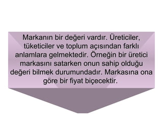 Markanın bir değeri vardır. Üreticiler,Markanın bir değeri vardır. Üreticiler,
tüketiciler ve toplum açısından farklıtüketiciler ve toplum açısından farklı
anlamlara gelmektedir. Örneğin bir üreticianlamlara gelmektedir. Örneğin bir üretici
markasını satarken onun sahip olduğumarkasını satarken onun sahip olduğu
değeri bilmek durumundadır. Markasına onadeğeri bilmek durumundadır. Markasına ona
göre bir fiyat biçecektir.göre bir fiyat biçecektir.
 