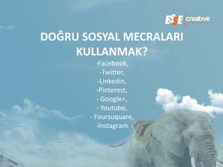 DOĞRU SOSYAL MECRALARI
     KULLANMAK?
         -Facebook,
            -Twitter,
           -Linkedin,
          -Pinterest,
          - Google+,
          - Youtube,
       - Foursuquare,
          -Instagram
 