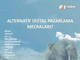 ALTERNATİF DİJİTAL PAZARLAMA
           MECRALARI?
-Bloglar
-Adwords
-Seo
-Viral videolar
-E-mail marketing
-Mobil marketing
- Forumlar
-Ads.
-Qr Code
-Advergame
-Wiki
 