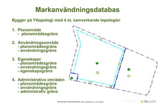 NOVAPOINT ANVÄNDARTRÄFF 2014 │Göteborg 23-24 oktober 
Bygger på Yttopologi med 4 st. samverkande topologier 
1. 
Planområde - planområdesgräns 
2. 
Användningsområde - planområdesgräns - användningsgräns 
3. 
Egenskaper - planområdesgräns - användningsgräns - egenskapsgräns 
4. 
Administrativa områden - planområdesgräns - användningsgräns - administrativ gräns 
Markanvändningsdatabas  