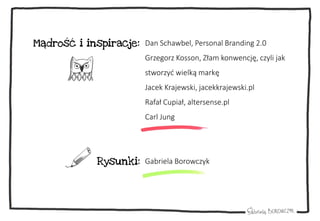 Dan Schawbel, Personal Branding 2.0
Grzegorz Kosson, Złam konwencję, czyli jak
stworzyć wielką markę
Jacek Krajewski, jacekkrajewski.pl
Rafał Cupiał, altersense.pl
Carl Jung
Gabriela Borowczyk
Mądrość i inspiracje:
Rysunki:
 