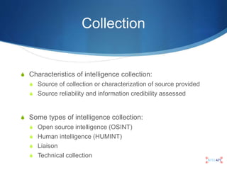 Processing / Exploitation
 Is your intelligence collection easily consumable?
 Standards
 Centralized data/information ...