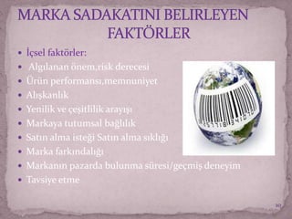  İçsel faktörler:
 Algılanan önem,risk derecesi
 Ürün performansı,memnuniyet
 Alışkanlık
 Yenilik ve çeşitlilik arayışı
 Markaya tutumsal bağlılık
 Satın alma isteği Satın alma sıklığı
 Marka farkındalığı
 Markanın pazarda bulunma süresi/geçmiş deneyim
 Tavsiye etme
10
 
