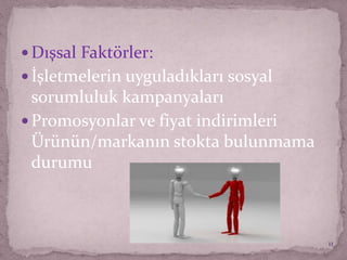  Dışsal Faktörler:
 İşletmelerin uyguladıkları sosyal
sorumluluk kampanyaları
 Promosyonlar ve fiyat indirimleri
Ürünün/markanın stokta bulunmama
durumu
11
 