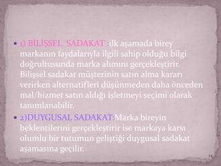  1) BİLİŞSEL SADAKAT :ilk aşamada birey
markanın faydalarıyla ilgili sahip olduğu bilgi
doğrultusunda marka alımını gerçekleştirir.
Bilişsel sadakat müşterinin satın alma kararı
verirken alternatifleri düşünmeden daha önceden
mal/hizmet satın aldığı işletmeyi seçimi olarak
tanımlanabilir.
 2)DUYGUSAL SADAKAT:Marka bireyin
beklentilerini gerçekleştirir ise markaya karsı
olumlu bir tutumun geliştiği duygusal sadakat
aşamasına geçilir.
14
 