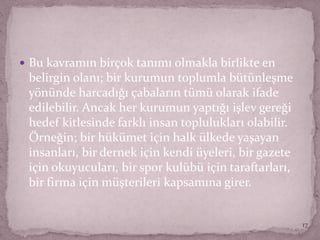  Bu kavramın birçok tanımı olmakla birlikte en
belirgin olanı; bir kurumun toplumla bütünleşme
yönünde harcadığı çabaların tümü olarak ifade
edilebilir. Ancak her kurumun yaptığı işlev gereği
hedef kitlesinde farklı insan toplulukları olabilir.
Örneğin; bir hükümet için halk ülkede yaşayan
insanları, bir dernek için kendi üyeleri, bir gazete
için okuyucuları, bir spor kulübü için taraftarları,
bir firma için müşterileri kapsamına girer.
17
 