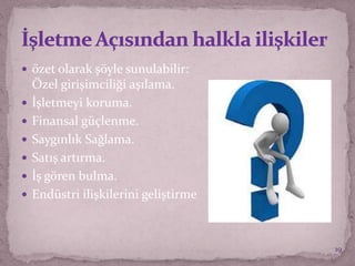  özet olarak şöyle sunulabilir:
Özel girişimciliği aşılama.
 İşletmeyi koruma.
 Finansal güçlenme.
 Saygınlık Sağlama.
 Satış artırma.
 İş gören bulma.
 Endüstri ilişkilerini geliştirme
19
 