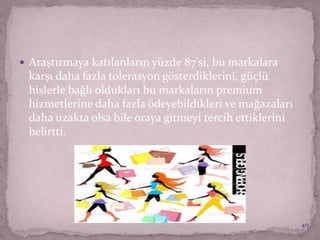  Araştırmaya katılanların yüzde 87'si, bu markalara
karşı daha fazla tolerasyon gösterdiklerini, güçlü
hislerle bağlı oldukları bu markaların premium
hizmetlerine daha fazla ödeyebildikleri ve mağazaları
daha uzakta olsa bile oraya gitmeyi tercih ettiklerini
belirtti.
40
 