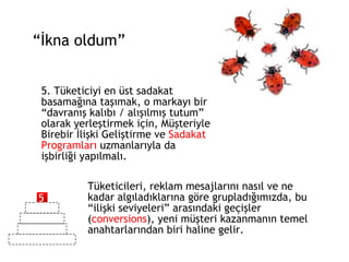 5. Tüketiciyi en üst sadakat basamağına taşımak, o markayı bir “davranış kalıbı / alışılmış tutum” olarak yerleştirmek için, Müşteriyle Birebir İlişki Geliştirme ve  Sadakat Programları  uzmanlarıyla da işbirliği yapılmalı. “ İkna oldum” Tüketicileri, reklam mesajlarını nasıl ve ne kadar algıladıklarına göre grupladığımızda, bu “ilişki seviyeleri” arasındaki geçişler ( conversions ), yeni müşteri kazanmanın temel anahtarlarından biri haline gelir. 5 