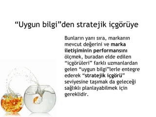“ Uygun bilgi”den stratejik içgörüye Bunların yanı sıra, markanın mevcut değerini ve  marka iletişiminin performansını  ölçmek, buradan elde edilen “içgörüleri” farklı uzmanlardan gelen “uygun bilgi”lerle entegre ederek “ stratejik içgörü ” seviyesine taşımak da geleceği sağlıklı planlayabilmek için gereklidir. 
