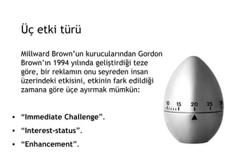 Üç etki türü Millward Brown’un kurucularından Gordon Brown’ın 1994 yılında geliştirdiği teze göre, bir reklamın onu seyreden insan üzerindeki etkisini, etkinin fark edildiği zamana göre üçe ayırmak mümkün: “ Immediate Challenge ”.  “ Interest-status ”. “ Enhancement ”. 