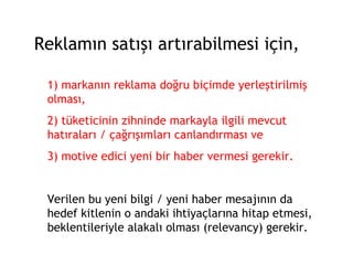 Reklamın satışı artırabilmesi için,  1) markanın reklama doğru biçimde yerleştirilmiş olması,  2) tüketicinin zihninde markayla ilgili mevcut hatıraları / çağrışımları canlandırması ve  3) motive edici yeni bir haber vermesi gerekir. Verilen bu yeni bilgi / yeni haber mesajının da hedef kitlenin o andaki ihtiyaçlarına hitap etmesi, beklentileriyle alakalı olması (relevancy) gerekir. 