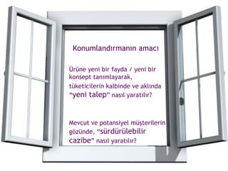 Ürüne yeni bir fayda / yeni bir konsept tanımlayarak,  tüketicilerin kalbinde ve aklında “ yeni talep ” nasıl yaratılır? Mevcut ve potansiyel müşterilerin gözünde, “ sürdürülebilir cazibe ” nasıl yaratılır? Konumlandırmanın amacı 