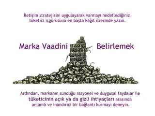 Marka Vaadini  Belirlemek İletişim stratejisini uygulayarak varmayı hedeflediğiniz  tüketici içgörüsünü en başta kağıt üzerinde yazın. Ardından, markanın sunduğu rasyonel ve duygusal faydalar ile  tüketicinin açık ya da gizli ihtiyaçları  arasında  anlamlı ve inandırıcı bir bağlantı kurmayı deneyin. 