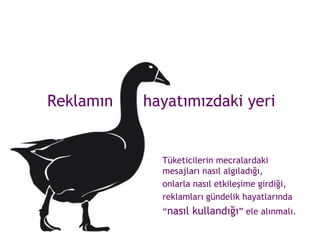 Reklamın  hayatımızdaki yeri Tüketicilerin mecralardaki mesajları nasıl algıladığı,  onlarla nasıl etkileşime girdiği,  reklamları gündelik hayatlarında  “ nasıl kullandığı ” ele alınmalı. 