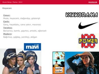 Güven Borça / Marka / 2013
Heyecan
Cesur:
Moda, heyecanlı, olağandışı, gösterişli
Canlı:
Genç, hayatdolu, cana yakın, maceracı
Yaratıcı:
Benzersiz, komik, şaşırtıcı, artistik, eğlenceli
Modern:
Bağımsız, çağdaş, yenilikçi, atılgan
 