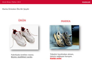 Güven Borça / Marka / 2013
Fabrikada üretilen nesne.
Biçimi, özellikleri vardır.
ÜRÜN
Tüketici tarafından alınan,
tatmin sağlayan karışım.
Kişiliği vardır
MARKA
Marka Üründen Öte Bir Şeydir
 