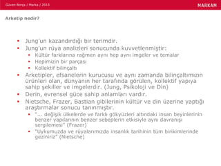 Güven Borça / Marka / 2013
Arketip nedir?
 Jung’un kazandırdığı bir terimdir.
 Jung’un rüya analizleri sonucunda kuvvetlenmiştir:
 Kültür farklarına rağmen aynı hep aynı imgeler ve temalar
 Hepimizin bir parçası
 Kollektif bilinçaltı
 Arketipler, efsanelerin kurucusu ve aynı zamanda bilinçaltımızın
ürünleri olan, dünyanın her tarafında görülen, kollektif yapıya
sahip şekiller ve imgelerdir. (Jung, Psikoloji ve Din)
 Derin, evrensel güce sahip anlamları vardır.
 Nietsche, Frazer, Bastian gibilerinin kültür ve din üzerine yaptığı
araştırmalar sonucu tanınmıştır.
 “... değişik ülkelerde ve farklı gökyüzleri altındaki insan beyinlerinin
benzer yapılarının benzer sebeplerin etkisiyle aynı davranışı
sergilemesi” (Frazer)
 “Uykumuzda ve rüyalarımızda insanlık tarihinin tüm birikimlerinde
geziniriz” (Nietsche)
 