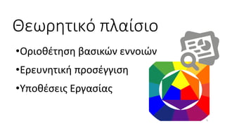 Θεωρητικό πλαίσιο
•Οριοθέτηση βασικών εννοιών
•Ερευνητική προσέγγιση
•Υποθέσεις Εργασίας
6
 
