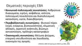 Θεματικές περιοχές ΕΒΑ
• Κοινωνικό-πολιτισμικές συνιστώσες: Ανθρώπινα
δικαιώματα, ειρήνη, ασφάλεια, ισότητα,
πολιτισμική ποικιλότητα και διαπολιτισμική
κατανόηση, υγεία, διακυβέρνηση.
• Περιβαλλοντικές συνιστώσες: Φυσικοί πόροι
(νερό, ενέργεια, βιοποικιλότητα), κλιματικές
αλλαγές, αγροτική ανάπτυξη, βιώσιμη
αστικοποίηση, πρόληψη καταστροφών
• Οικονομικές συνιστώσες: Μείωση φτώχιας,
εταιρική υπευθυνότητα και λογοδοσία,
οικονομία της αγοράς.
9UNESCO, 2005 & Στρατηγική UNECE για ΕΒΑ, 2005
 