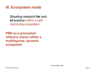 The University of Sydney Page 14
III. Ecosystem mode
Situating research for and
of practice within a self-
improving ecosy...