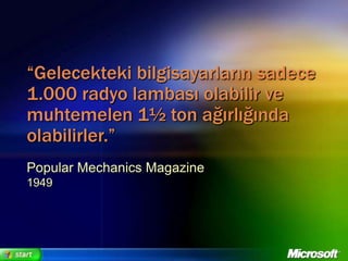 “Gelecekteki bilgisayarların sadece 1.000 radyo lambası olabilir ve muhtemelen 1½ ton ağırlığında olabilirler.”Popular Mechanics Magazine1949
