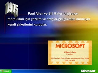 1975		 Paul Allen ve Bill Gates bilgisayar meraklıları için yazılım ve araçlar geliştirmek amacıyla kendi şirketlerini kurdular.