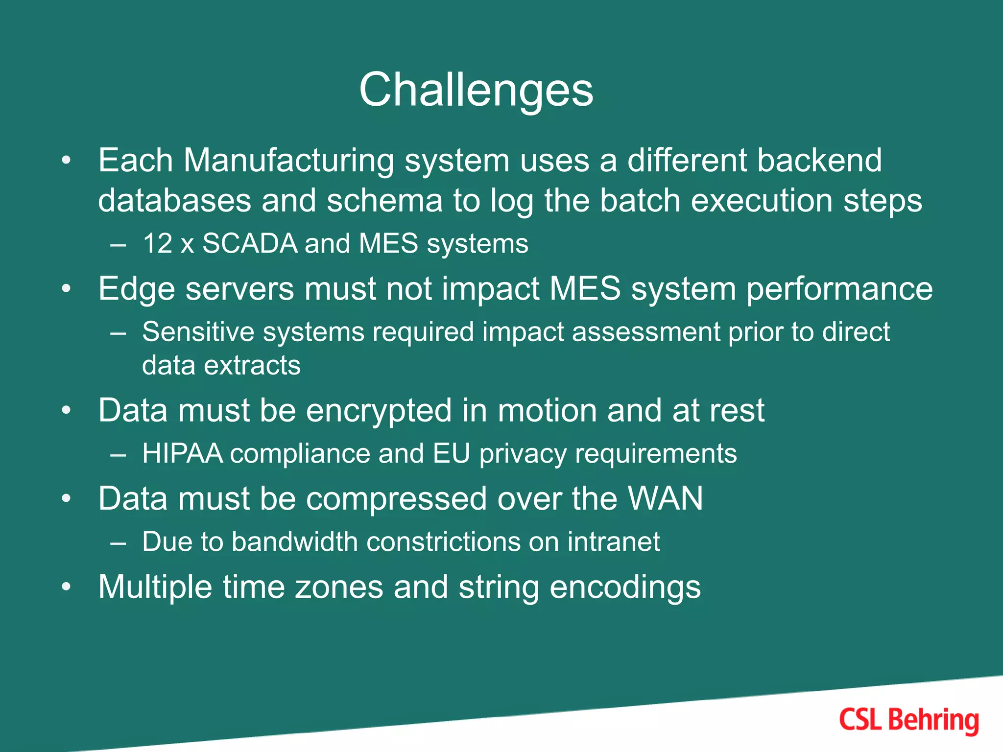 Challenges
• Each Manufacturing system uses a different backend
databases and schema to log the batch execution steps
– 12 x SCADA and MES systems
• Edge servers must not impact MES system performance
– Sensitive systems required impact assessment prior to direct
data extracts
• Data must be encrypted in motion and at rest
– HIPAA compliance and EU privacy requirements
• Data must be compressed over the WAN
– Due to bandwidth constrictions on intranet
• Multiple time zones and string encodings
 