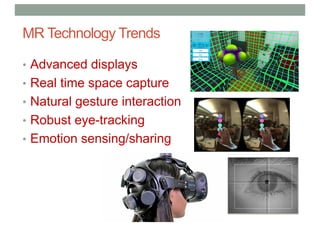 MR Technology Trends
• Advanced displays
• Real time space capture
• Natural gesture interaction
• Robust eye-tracking
• Emotion sensing/sharing
 