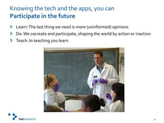 Knowing the tech and the apps, you canParticipate in the futureLearn: The last thing we need is more (uninformed) opinionsDo: We cocreate and participate, shaping the world by action or inactionTeach: In teaching you learn