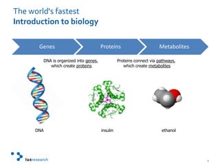 The world's fastest Introduction to biologyDNA is organized into genes, which create proteinsProteins connect via pathways, which create metabolitesDNAinsulinethanol