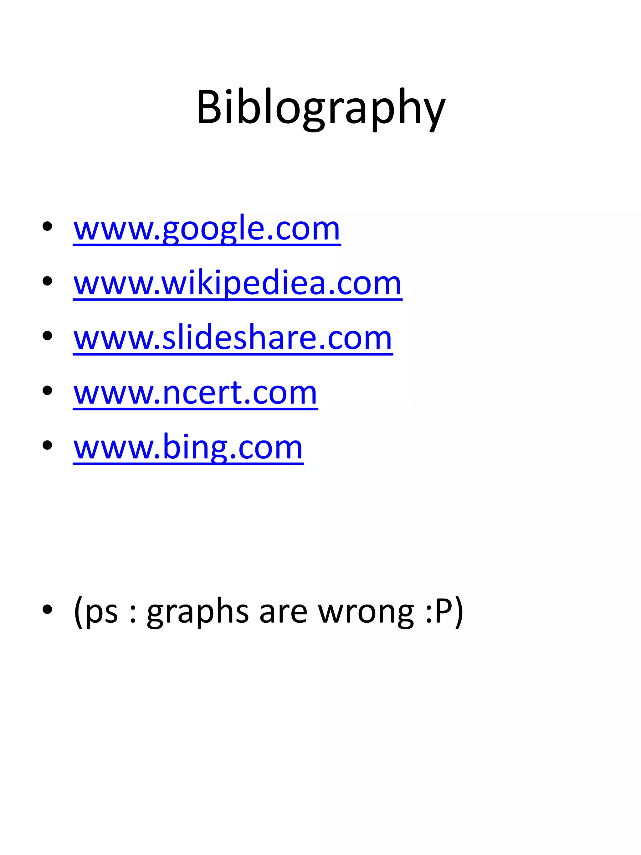 Biblography
• www.google.com
• www.wikipediea.com
• www.slideshare.com
• www.ncert.com
• www.bing.com
• (ps : graphs are wrong :P)
 
