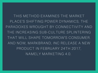 THIS METHOD EXAMINES THE MARKET
PLACE'S SHIFTING POWER DYNAMICS, THE
PARADOXES WROUGHT BY CONNECTIVITY AND
THE INCREASING SUB-CULTURE SPLINTERING
THAT WILL SHAPE TOMORROW'S CONSUMER.
AND NOW, MARKBRAND, INC RELEASE A NEW
PRODUCT IN FEBRUARY 24TH 2017,
NAMELY MARKETING 4.0.
 