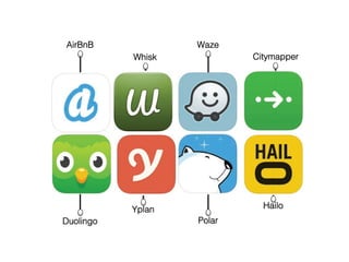 AirBnB% 
Whisk% 
Waze% 
Citymapper% 
Duolingo% 
Yplan% 
Polar% 
Hailo% 
 